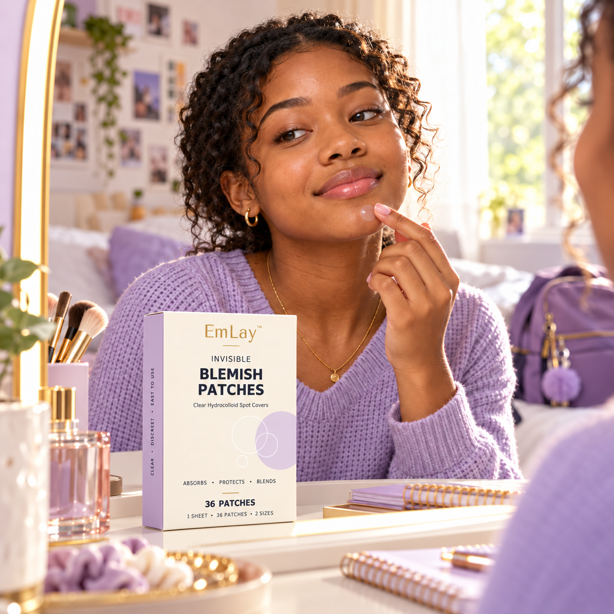 Woman applying a clear EmLay blemish patch while looking in a mirror.