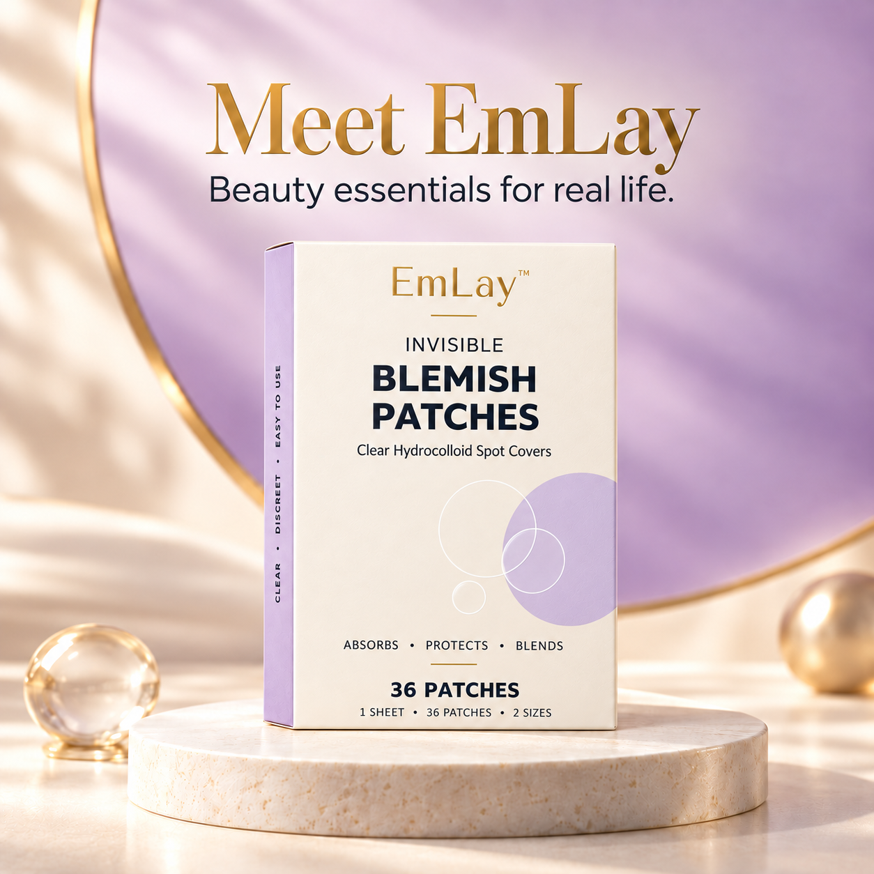 EmLay blemish patch packaging against a lavender and cream background.